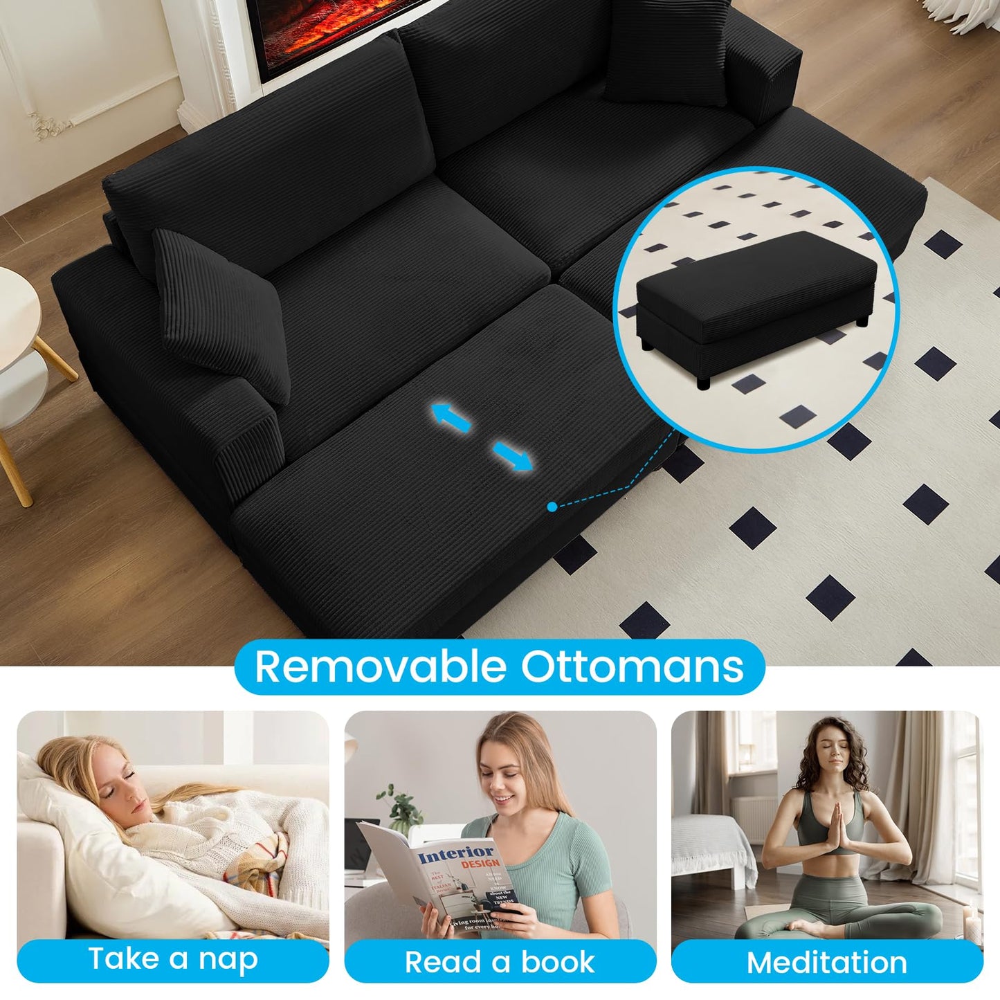 Mjkone Chaise Lounge Chair Indoor, 86 "W Oversized Double Sleeper Sofa with 2 Ottomans, Extra-Large Corduroy Upholstered Modular Sectional Couch Deep Seat for Reading, Living Room, Office, Black