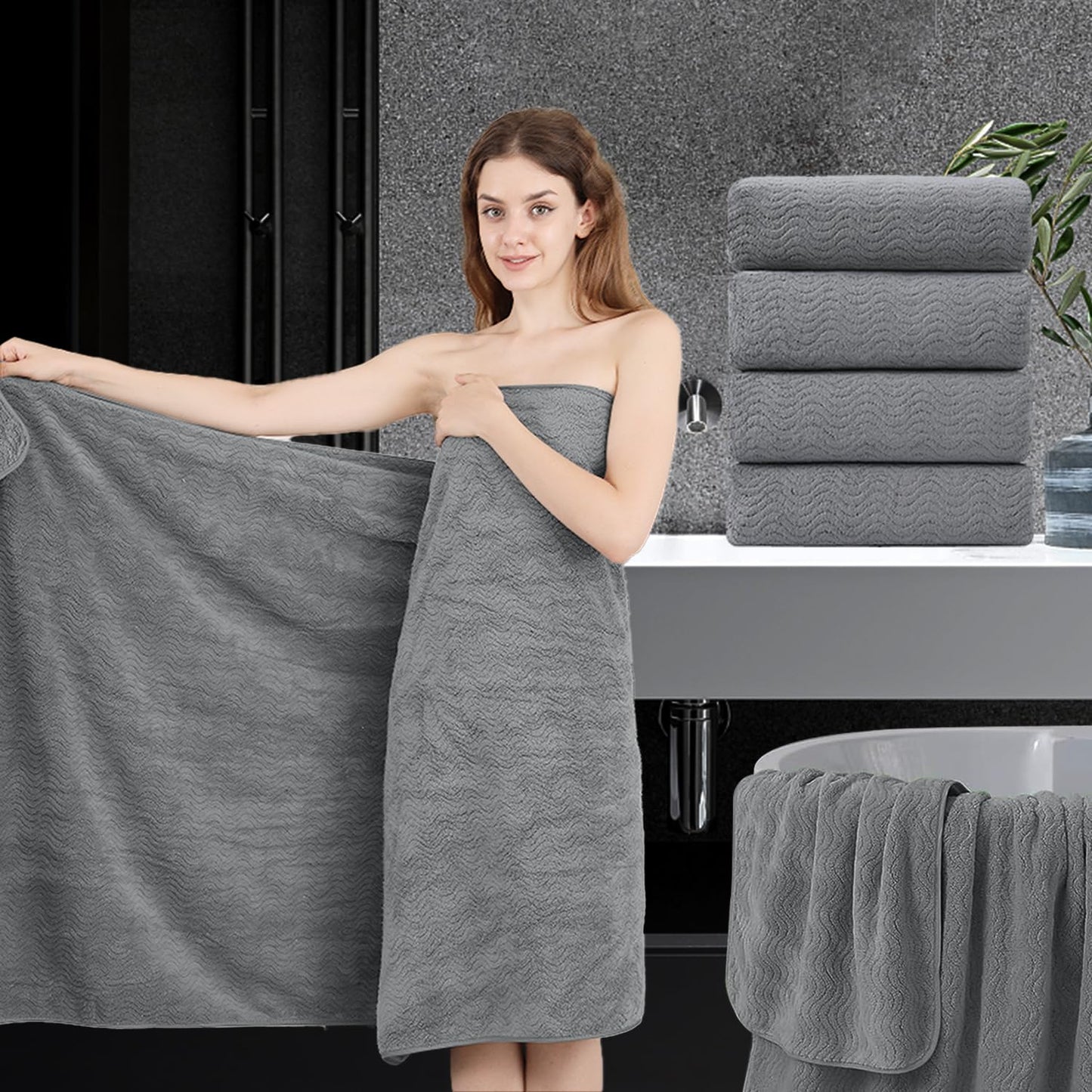 4 Piece Oversized Bath Sheet Set 35"x70" Grey - Extra Large Highly Absorbent Quick Dry Premium Towels for Bathroom, Spa, Gym, Hotel - 600GSM Shower Towel for Daily Use