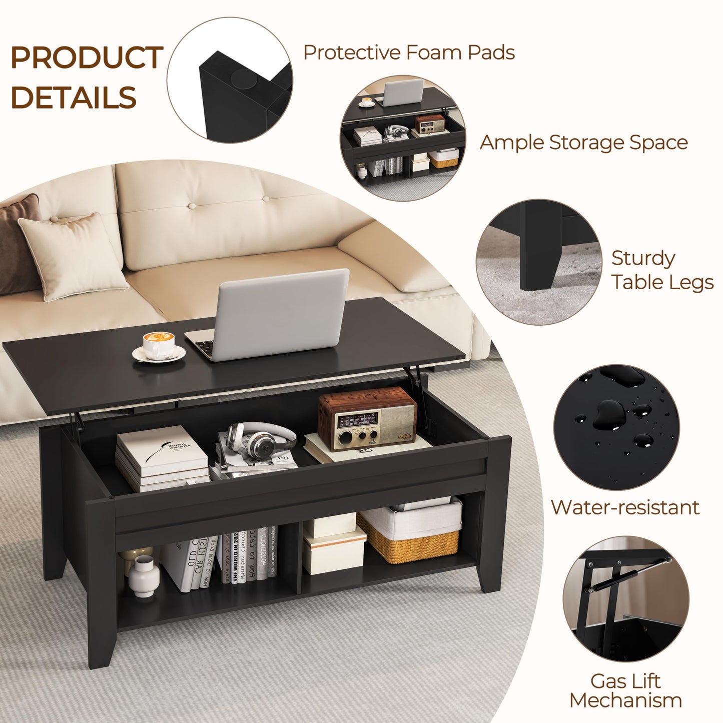 Yaheetech Black Coffee Table, Lift Top Coffee Tables with Hidden Storage Compartment & Open Shelf, Lift Tabletop Pop-Up for Living Room Reception, 47.5inch L