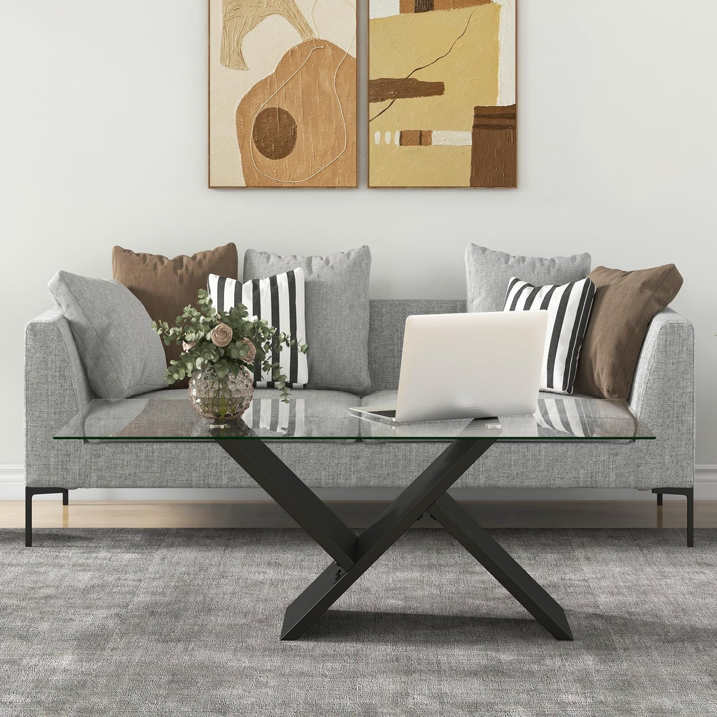 Tangkula Rectangle Glass Coffee Table, 47” Modern Center Table with Tempered Glass Tabletop & Geometric Rubber Wood Frame, Versatile Accent Table for Living Room (Black)