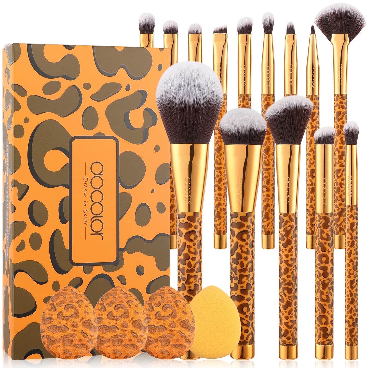 Docolor Makeup Brushes Leopard 14pcs Premium Synthetic Foundation Powder Concealers Eye shadows Blush Makeup Brush Set with 4pcs Makeup Puffs
