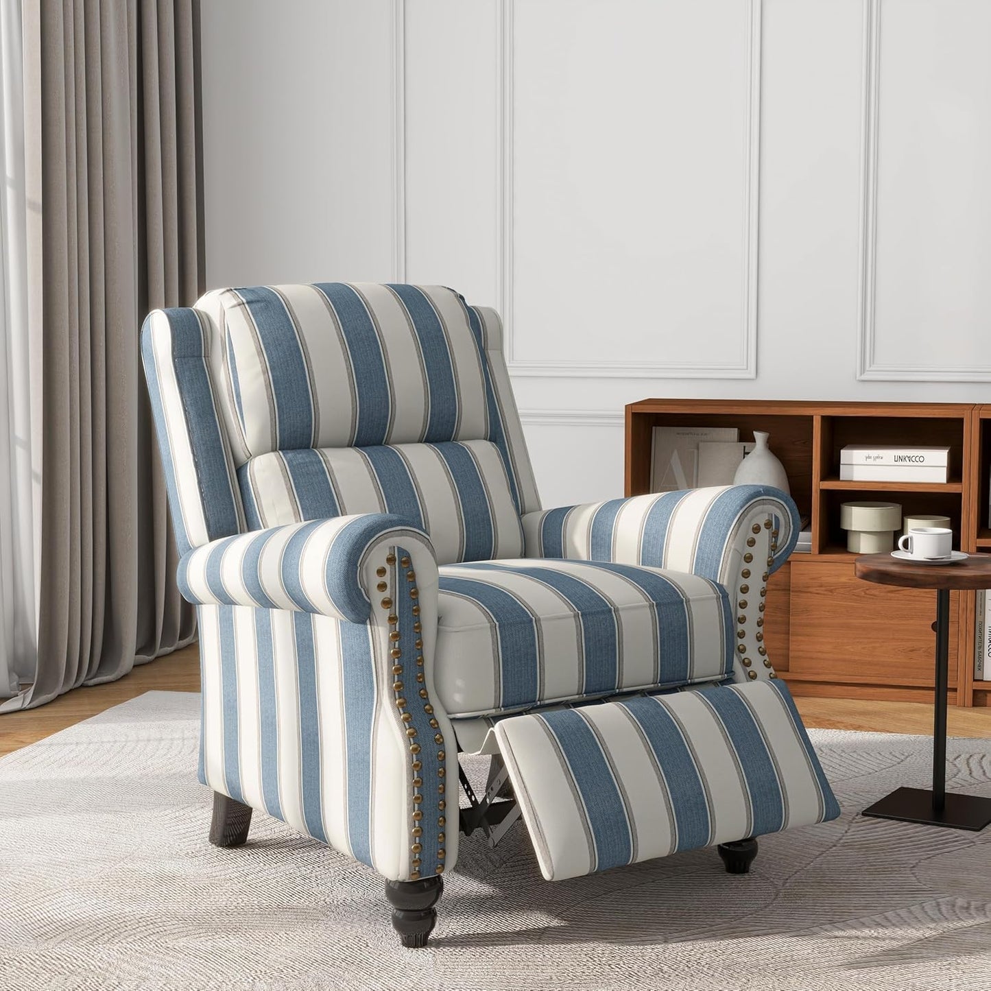 UIXE Pushback Recliner Chairs Set of 2, Fabric Armchair Push Back Accent Chair for Living Room, Rivet Trim Club Chair Overstuffed Home Theater Bedroom Reading Seat - Strip Navy