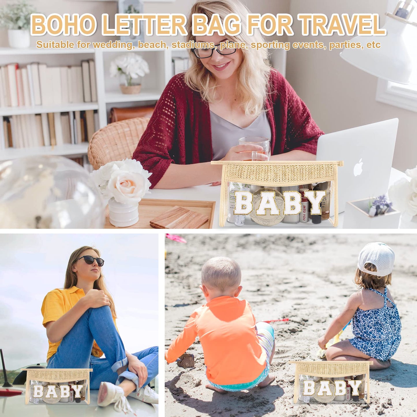 Cute Boho Patch Baby Bag Clear Makeup Letter Bag, Waterproof Zipper Make up Bag Toiletry Pouch for Women Girls, Clear Letter Patch Cosmetic Bag Transparent Organizer Pouch for Travel(Baby, Beige)