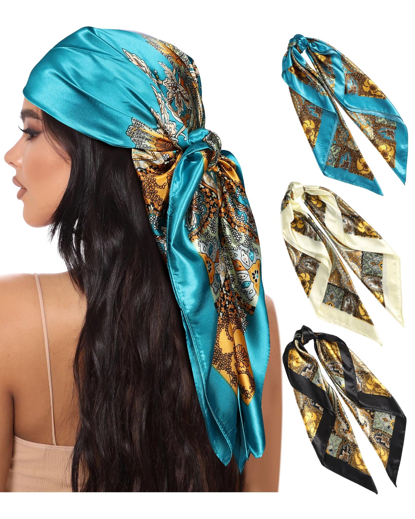AWAYTR 35” Large Square Satin Head Scarf - 3Pcs Satin Hair Scarves Silk Bandana Scarf Headscarf Silk Feeling Scarf for Women