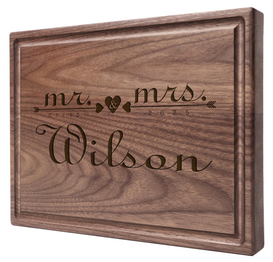 Personalized Cutting Board, Custom Wedding, Anniversary or Housewarming Gift Idea, Wood Engraved Charcuterie, for Newlyweds and Couples, Two Hearts Design 027