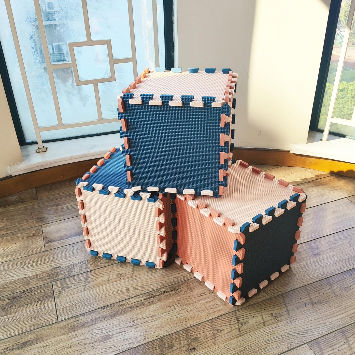 TCBunny Kids Soft EVA Foam Jigsaw Puzzle Play Mat, 18 Interlocking Tiles and Edges Baby Play Mat, for Kids Gym, Nursery, Playroom, Pet Mat, Total Floor Coverage 16 Sq Ft, Blue/Pink/Cream