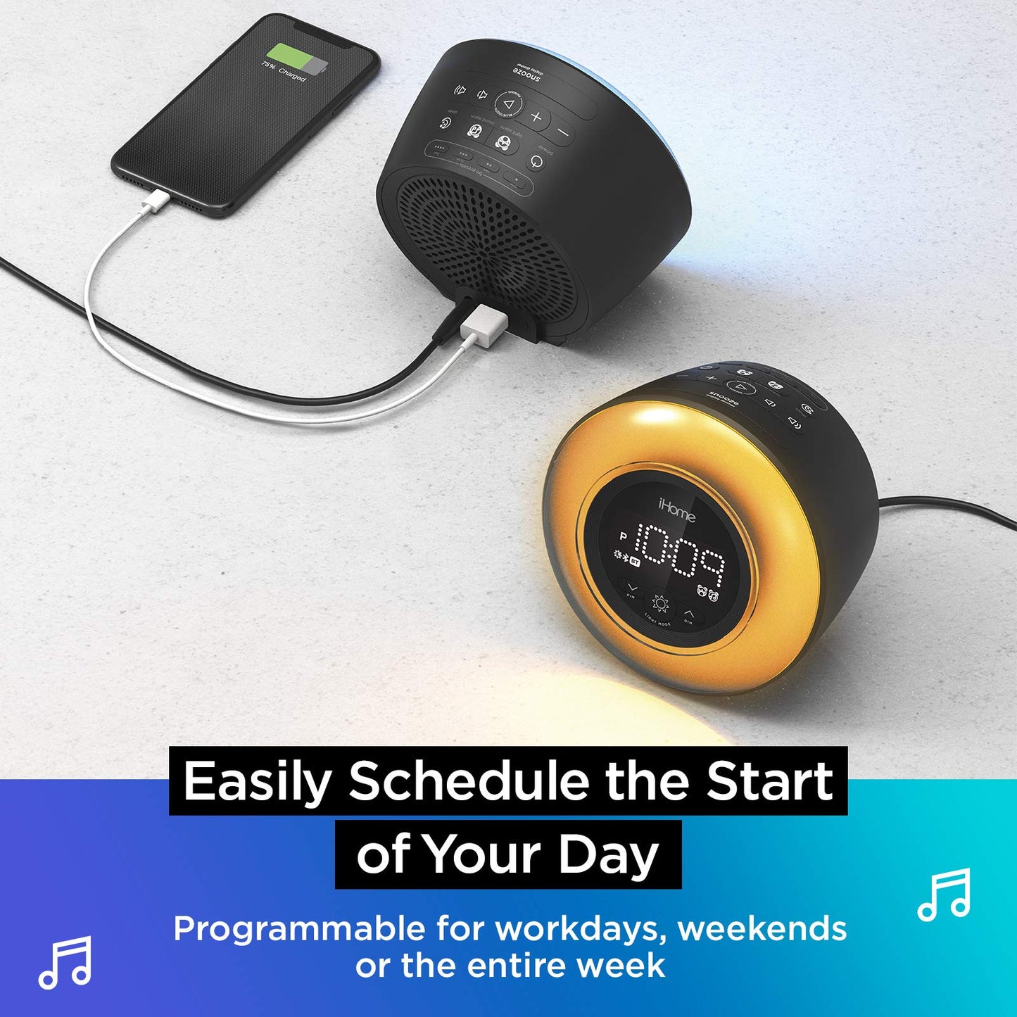 iHome PowerClock Glow Alarm Clock - Bluetooth Color Changing FM Clock Radio with USB Charging Port, Dimmable Display and 7-5-2 Dual Alarm - Perfect for Bedside Tables (Model iBT295)