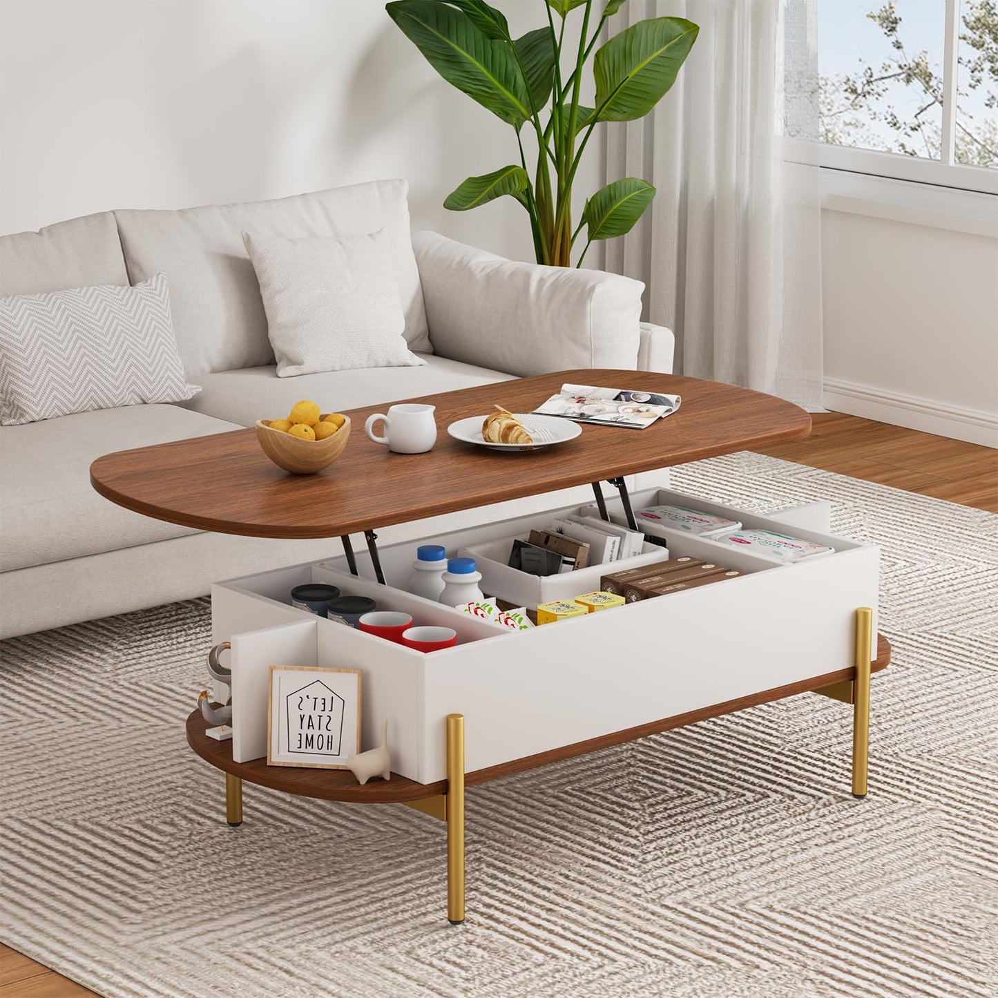 ALLSTAND 48" Oval Lift Top Coffee Table with Storage Metal Legs & Large Hidden Compartment, Coffee Tables with Lifting Top with Open Shelf, Lift Coffee Table with Wooden Lift Tabletop for Living Room