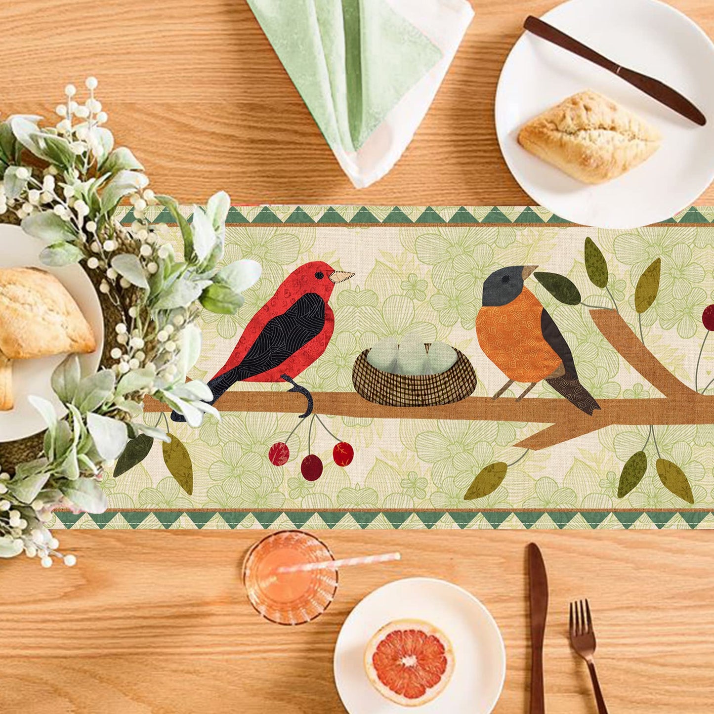 Seliem Summer Birds Tree Branches Table Runner, Cardinal Home Kitchen Dining Decor, Spring Seasonal Farmhouse Decorations Indoor Outdoor Party Supply 13x120 Inch