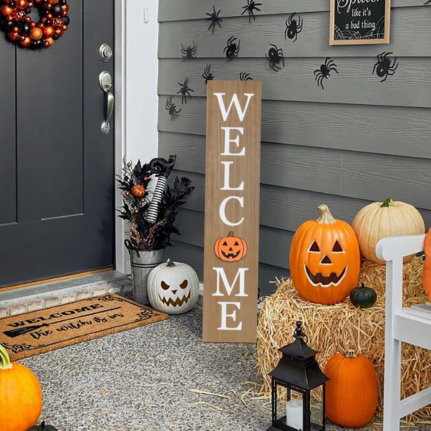 Interchangeable Welcome Sign for Front Porch- 45"X9" Large Standing/Hanging Wooden Sign with 12 PCS Replaceable Icons for 4th of July Fall Halloween Porch Wall Yard Decorations