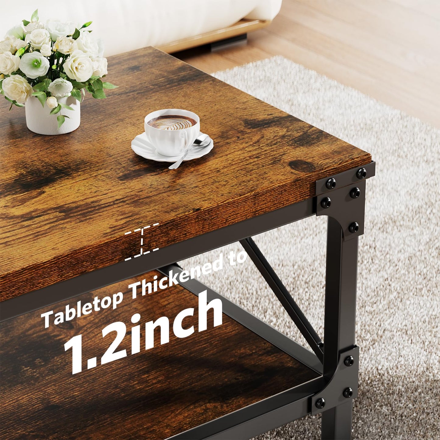 Rectangle Coffee Tables for Living Room, Wood Rectangular Coffee Table, 2 Tier Industrial Modern Center Table with Thickened Tabletop and Metal Frame, 40 inch Long (Rustic Brown)