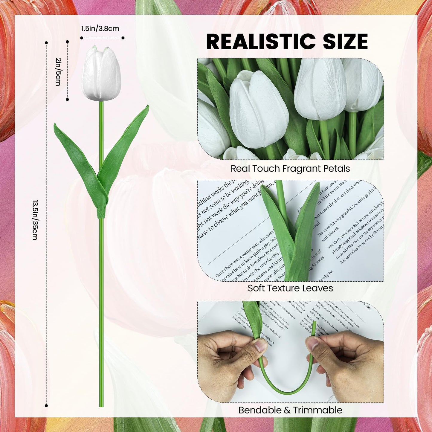 Subacy 30 PCS Artificial Tulips 13.5inch Long Fake Flowers Real Touch Tulips Silk Flowers for Spring Easter Mother's Day Decorations (White)