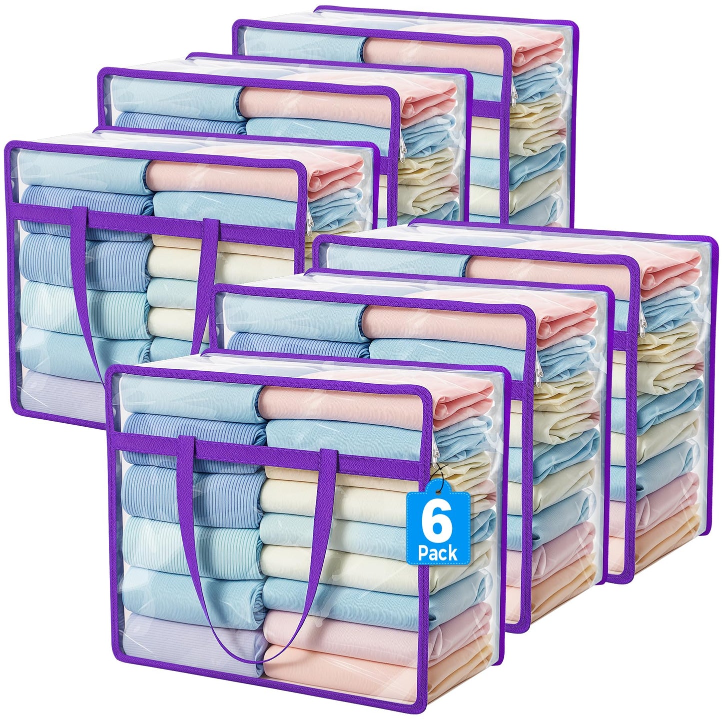 Budding Joy 6 Pack Clear Zippered Storage Bags for Clothes,40L Closet Organizers and Storage Containers Vinyl Moving Bag for Bedding, Linen, Blankets, Comforters, Clothing & Toys