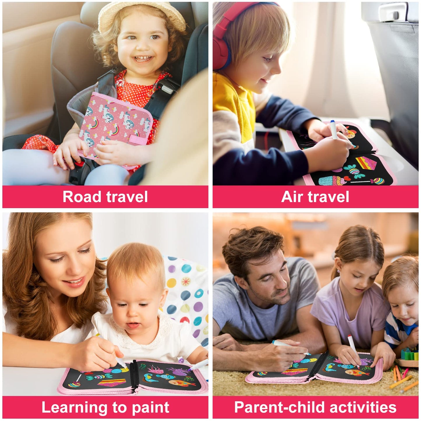 Qrytoi Erasable Book Doodle Set for Kids,Magic Drawing Book for Kids,Reusable Drawing Book 12 Watercolor Pens 14 Page Drawing,Road Trip Car Game Writing Painting Set for Boys and Girls