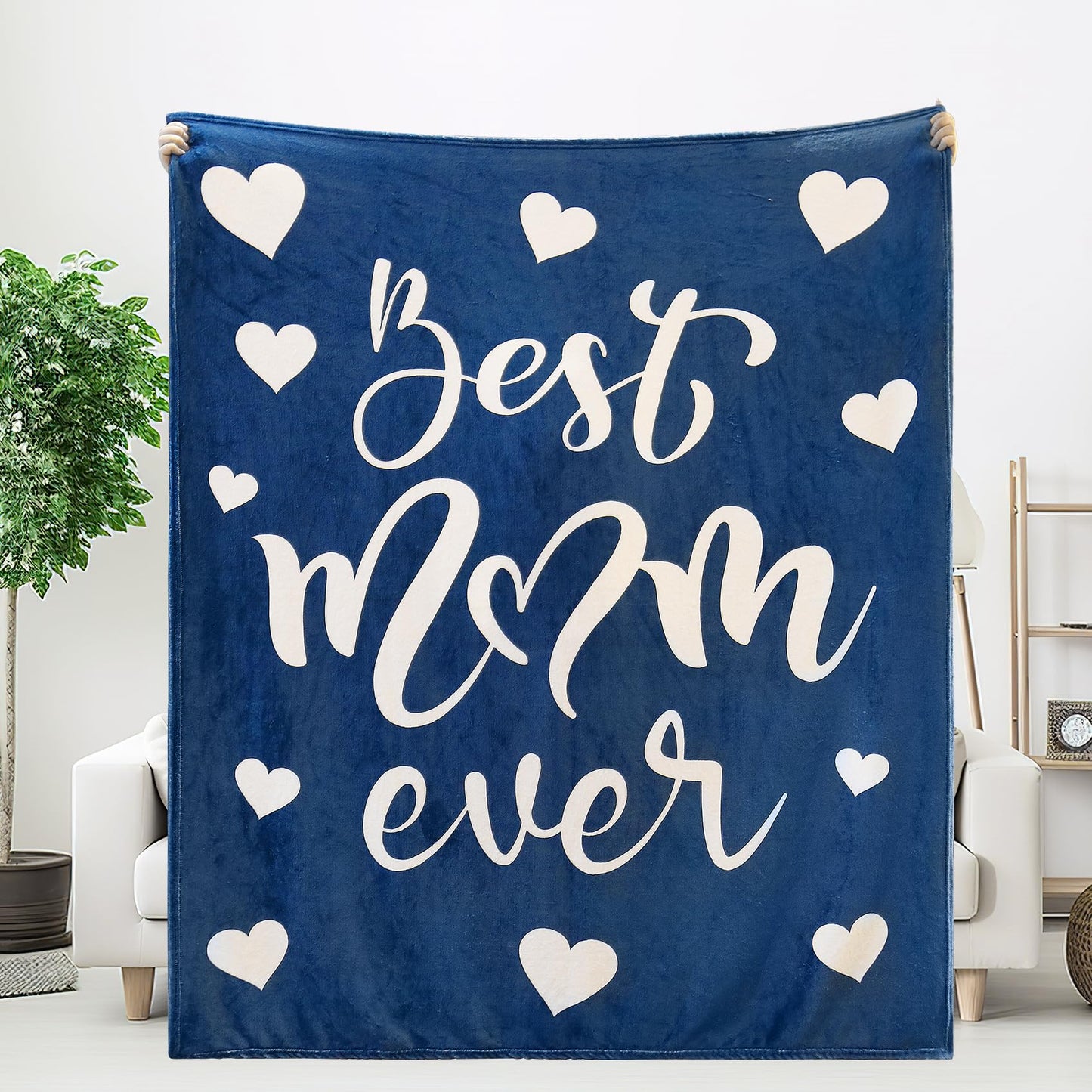 Throw Blankets Gift for Mom from Daughter Son, Best Mom Ever Blanket for Mother's Day, Soft Flannel Throw Blankets for Christmas Valentines Gift 60" x 50"(Blue)
