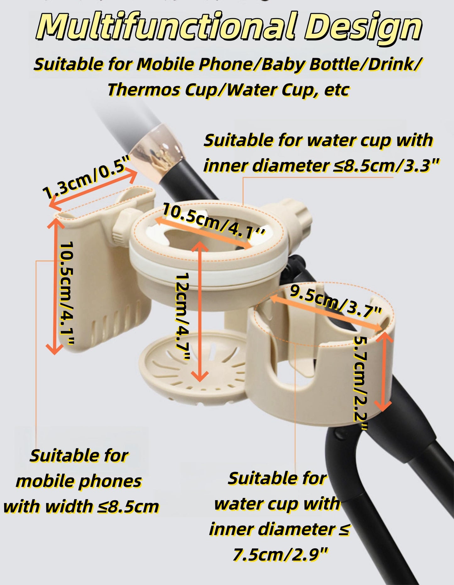 3-in-1 Stroller Cup Holder, Baby Stroller Accessories with Bottle Holder, Phone Mount, and Drink Caddy for Strollers, Perfect for Parents on The Go (Beige)