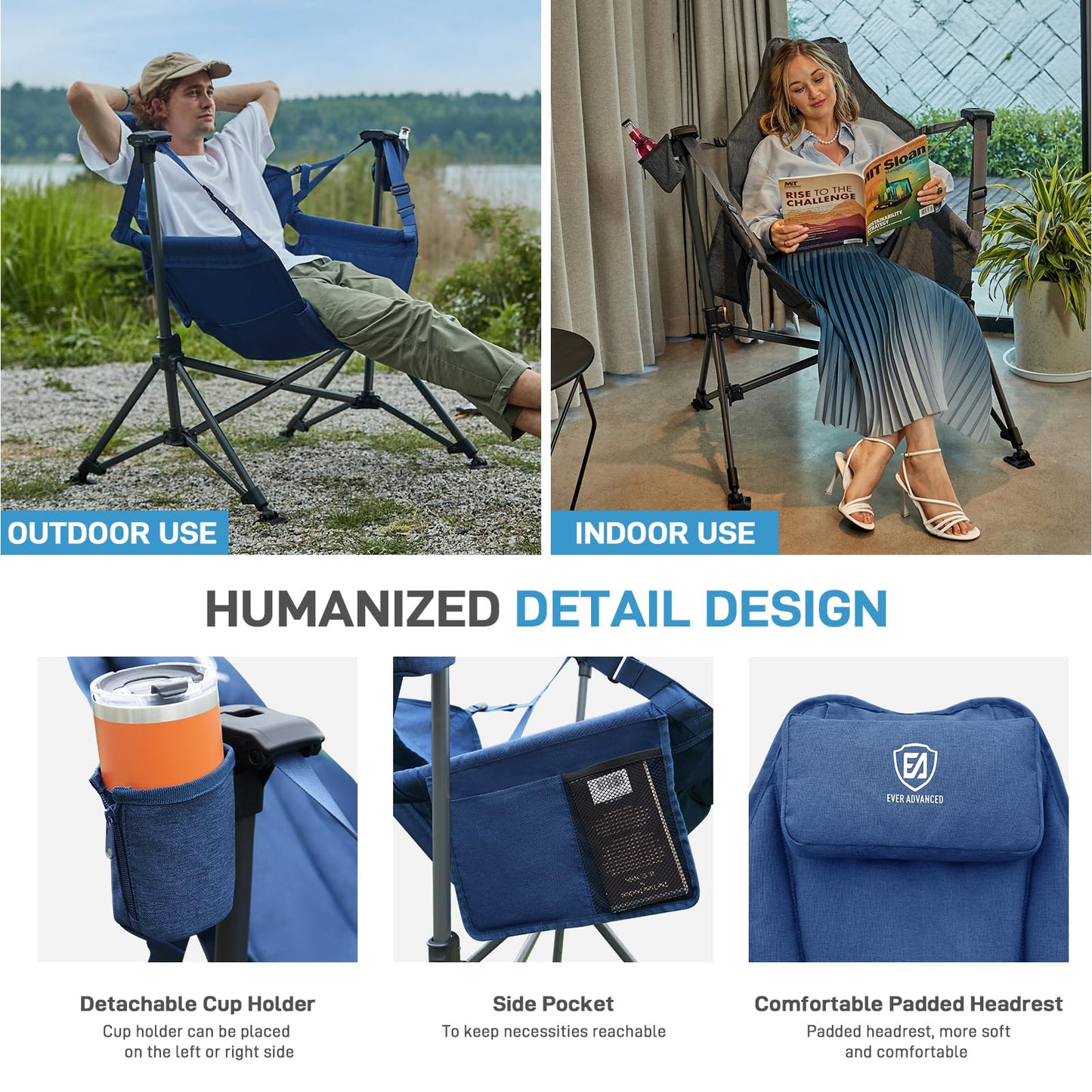 EVER ADVANCED Padded Hammock Camping Chair, Oversized Heavy Duty Swing Chair with Detachable Cup Holder, Portable Folding Rocking Camping Chair, Support Up to 400lbs, Blue
