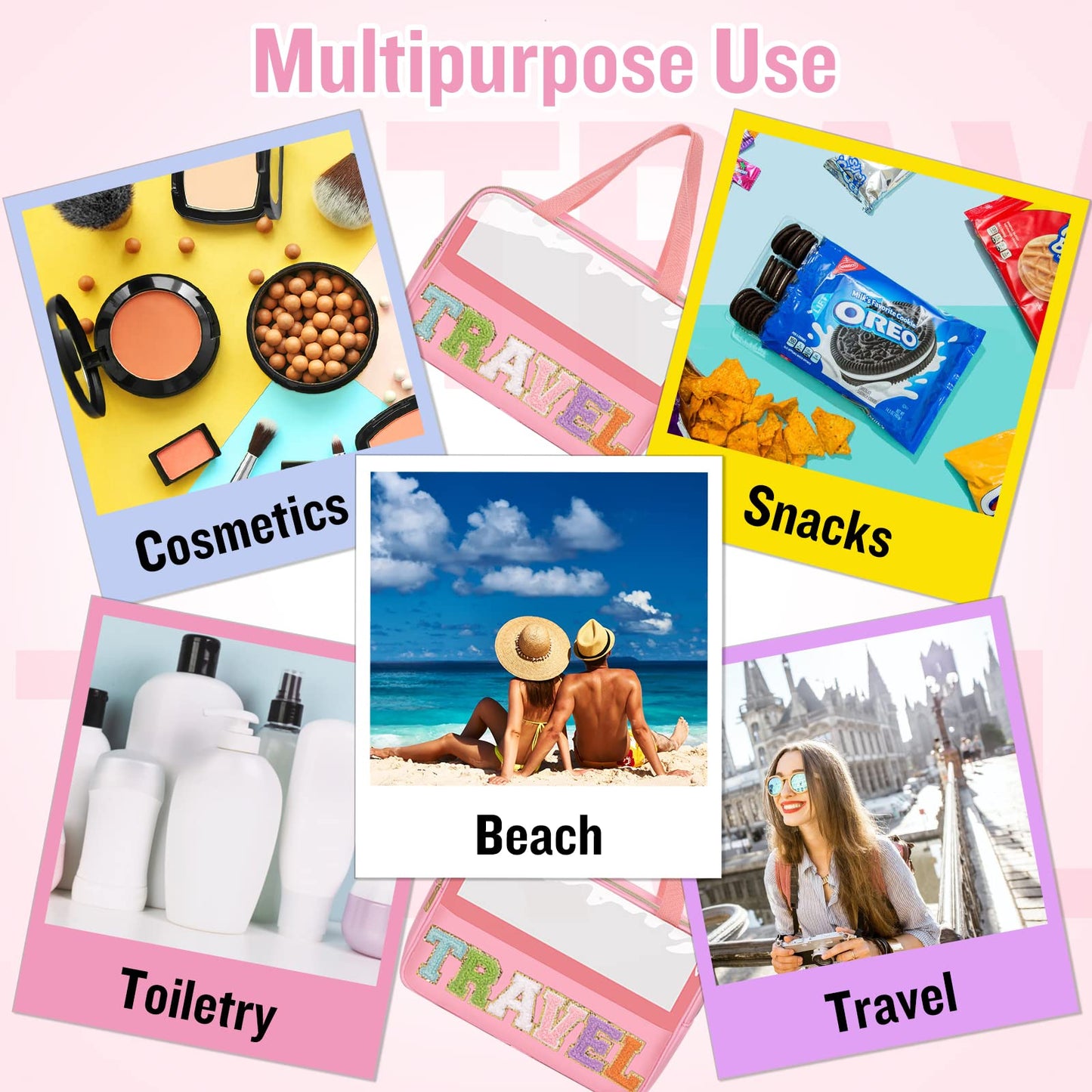 Preppy Clear Travel Makeup Bags with Chenille Letter Patches, Travel Essentials Large Clear Make up Bag Zipper Pouch with Handle, Waterproof Nylon Cosmetic Toiletry Storage Tote for Women(TRAVEL-Pink)