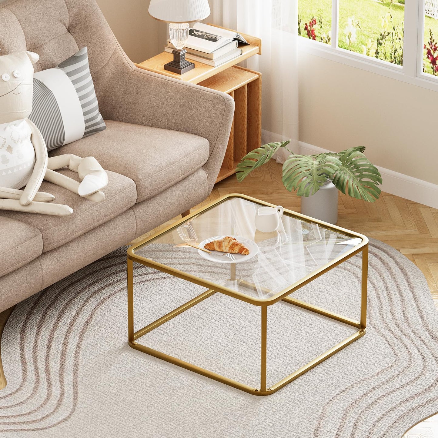 Coffee Table Glass, Minimalist Square Tables for Living Room, Modern Center Table for Office or Small Space, Tempered Glass, Sturdy Metal Frame, Easy Assembly, 26.4 x 26.4 x 15.7 Inches, Gold