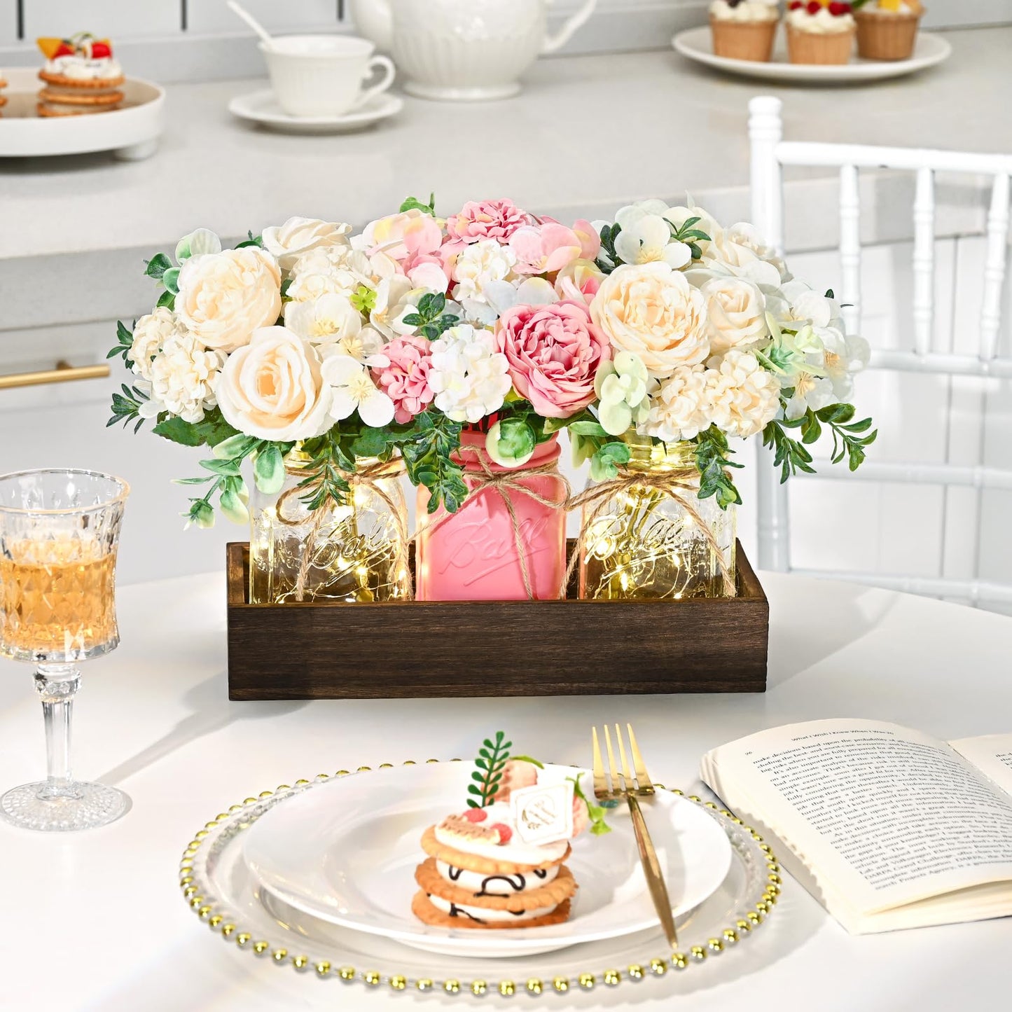 BLEUM CADE Centerpiece Table Decorations - 3Pcs Roses Artificial Flowers in Mason Jars with Wood Tray for Dining Table Coffee Table Farmhouse Home Decor