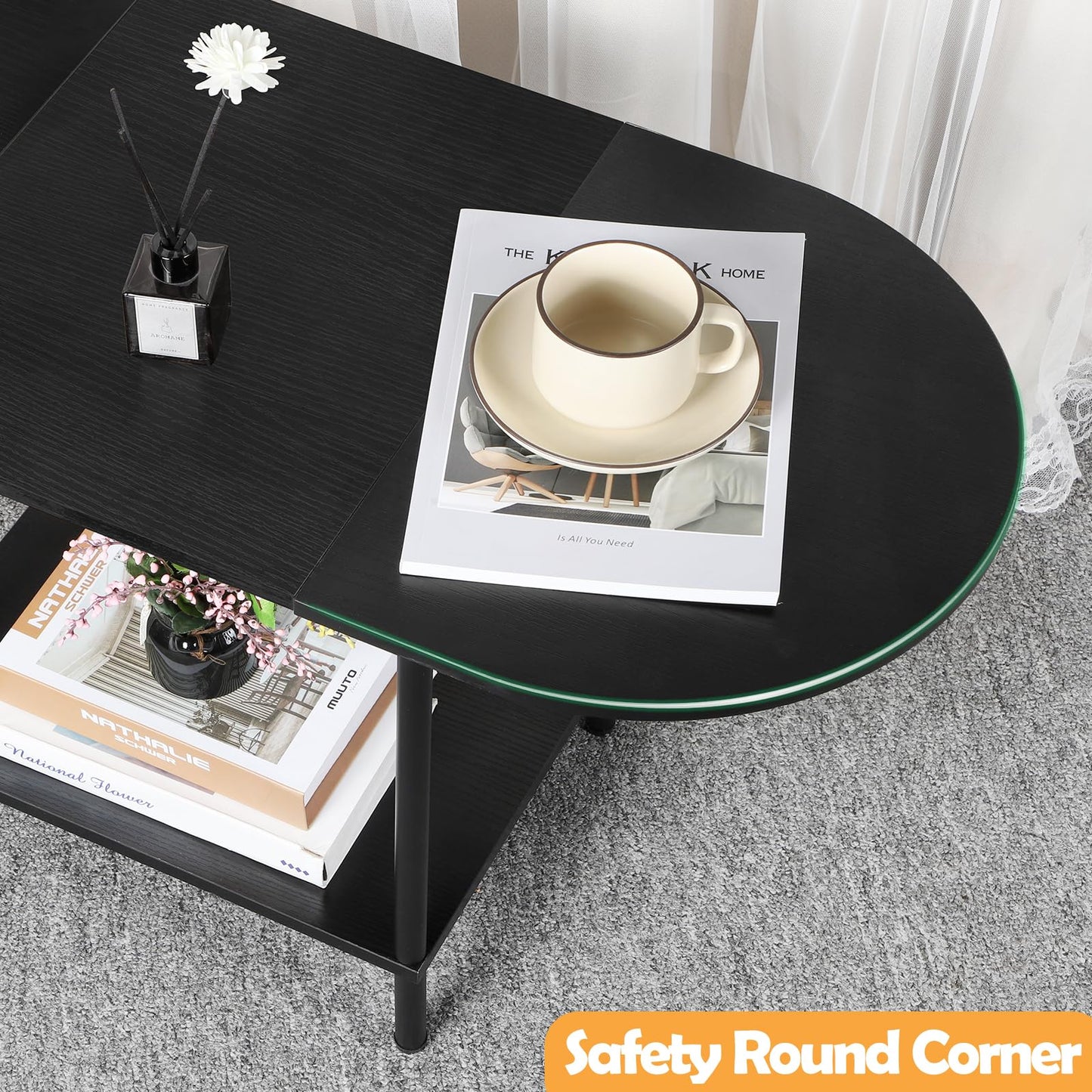 Coffee Tables for Living Room,2-Tier Small Coffee Table Industrial Modern Black Coffee Table with Storage Shelf and Wood Tabletop for Small Space,Home Office