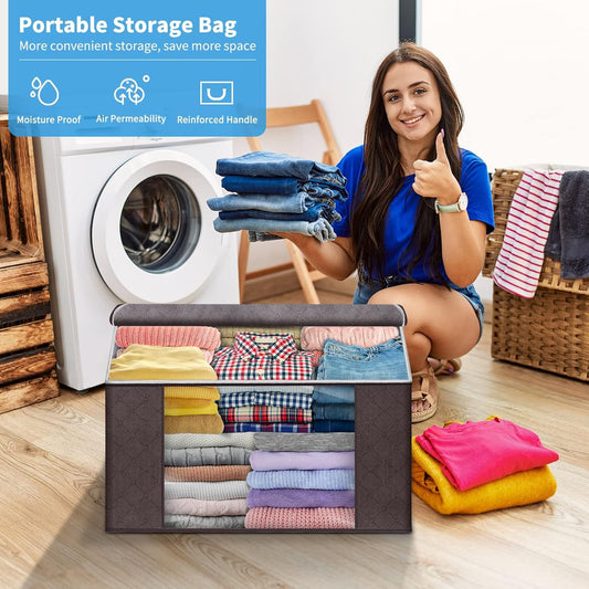 Budding Joy Clothes Storage, Foldable Large Storage Bags, Storage and Organization for Clothing, Blanket, Comforter, Clothes, Pillows, Closet Organizers with Enhanced Handle, 60L 6 Pack Brown