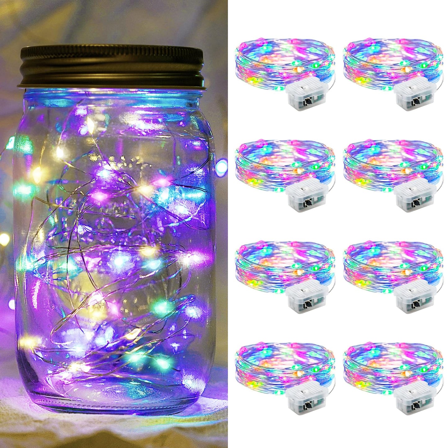 chzk 8 Pack LED Fairy Lights Battery Operated, 7Ft 20LED Mini Twinkle String Waterproof Firefly Starry Moon Lights for Mason Jars Wedding Christmas Party Bedroom Decor