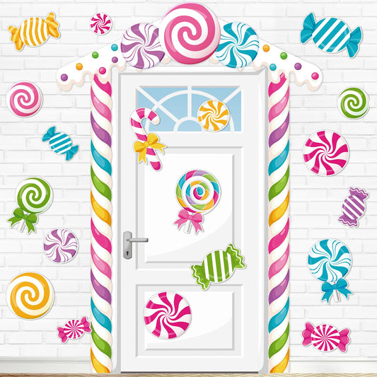 Funrous Candy Party Door Decoration Candyland Party Decoration Candy Door Banner with Lollipop Cutouts Candyland Porch Sign Set for Birthday Baby Shower Sweet Shop Photo Booth Props Backdrop Supplies