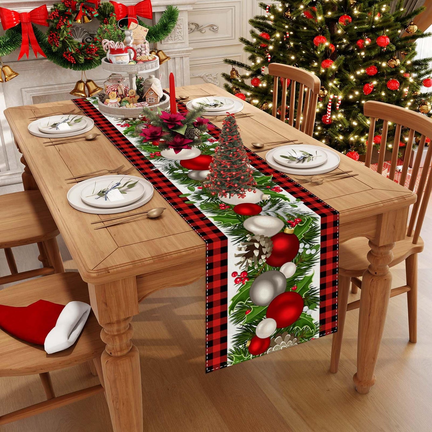 Jiudungs Linen Red and Black Buffalo Check Christmas Table Runner 72 Inches Long Seasonal Winter Christmas Xmas Holiday Farmhouse Style Table Decoration