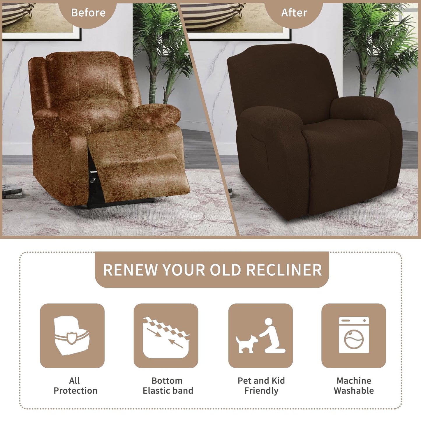 JIVINER 4-Piece Recliner Chair Covers Stretch Jacquard Chair Covers for Reclining Chair Recliner Slipcovers for Living Room Soft Recliner Protector with Pocket (Recliner,Dark Coffee)