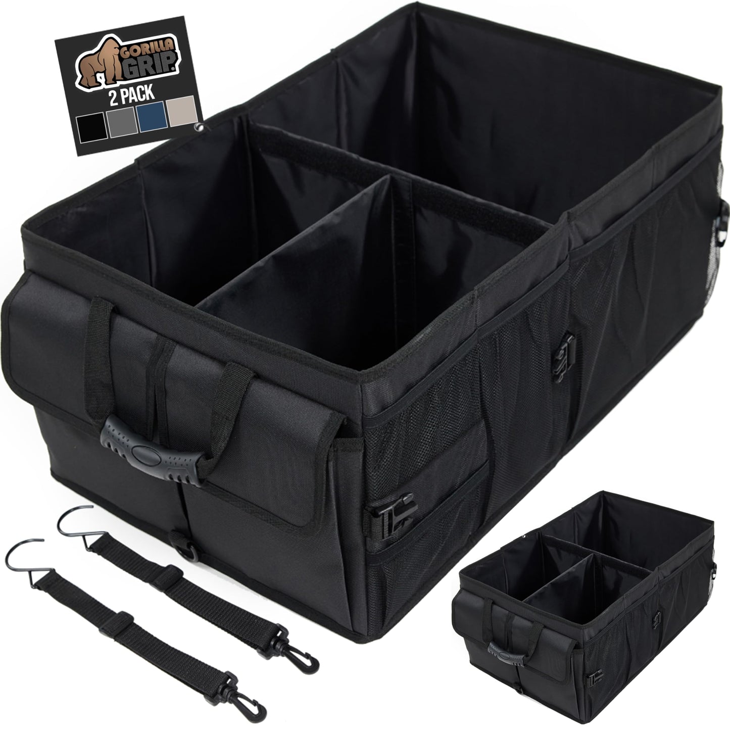 GORILLA GRIP Large Capacity Sturdy Trunk Storage Organizer, Slip and Water Resistant Collapsible Organization Container for Car Sedan or SUV, Multi Compartment Container Box Vehicle Accessories, Black