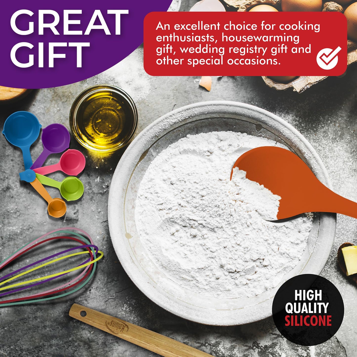 Kaluns 50 PCS Silicone Kitchen Utensils Set Complete Kitchen Set - 800°F Heat Resistant Non-Stick Premium Silicone Cooking Utensils W Wooden Handles - Can Opener, Masher, Turner, Silicone Spatula Set