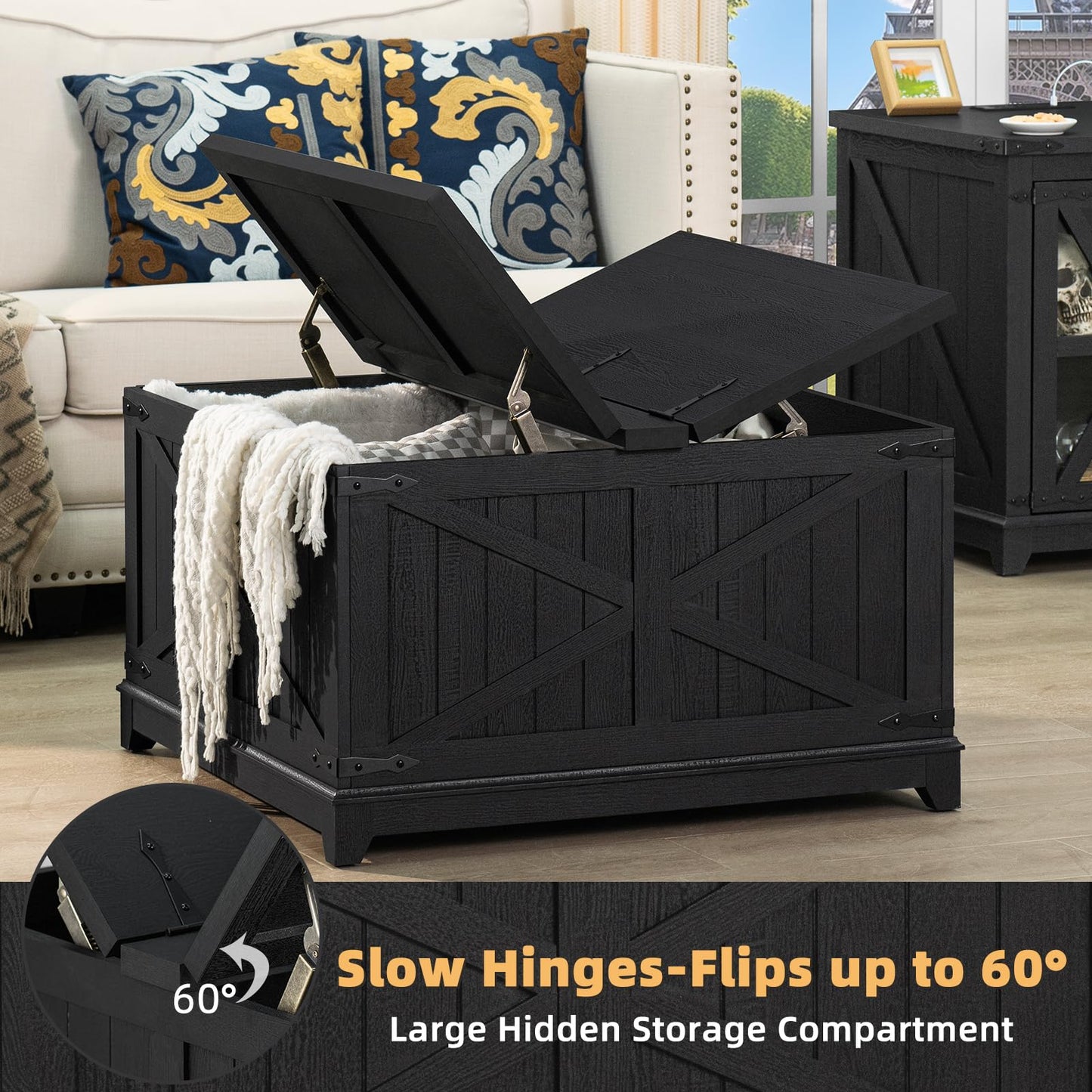 Joaxswe Farmhouse Coffee Table with Hidden Storage Organizer, Black Square Large Center Table, Wood Farm House Low Modern Living Room Tables with Hinged Lift Top for Home, Office