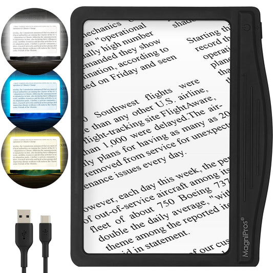 MagniPros 5X Rechargeable Large Ultra Bright LED Page Magnifier with Anti-Glare Lens & 3 Color Dimmable Light Modes, Relieve Eye Strain- Ideal for Reading Small Prints, Low Vision, Seniors