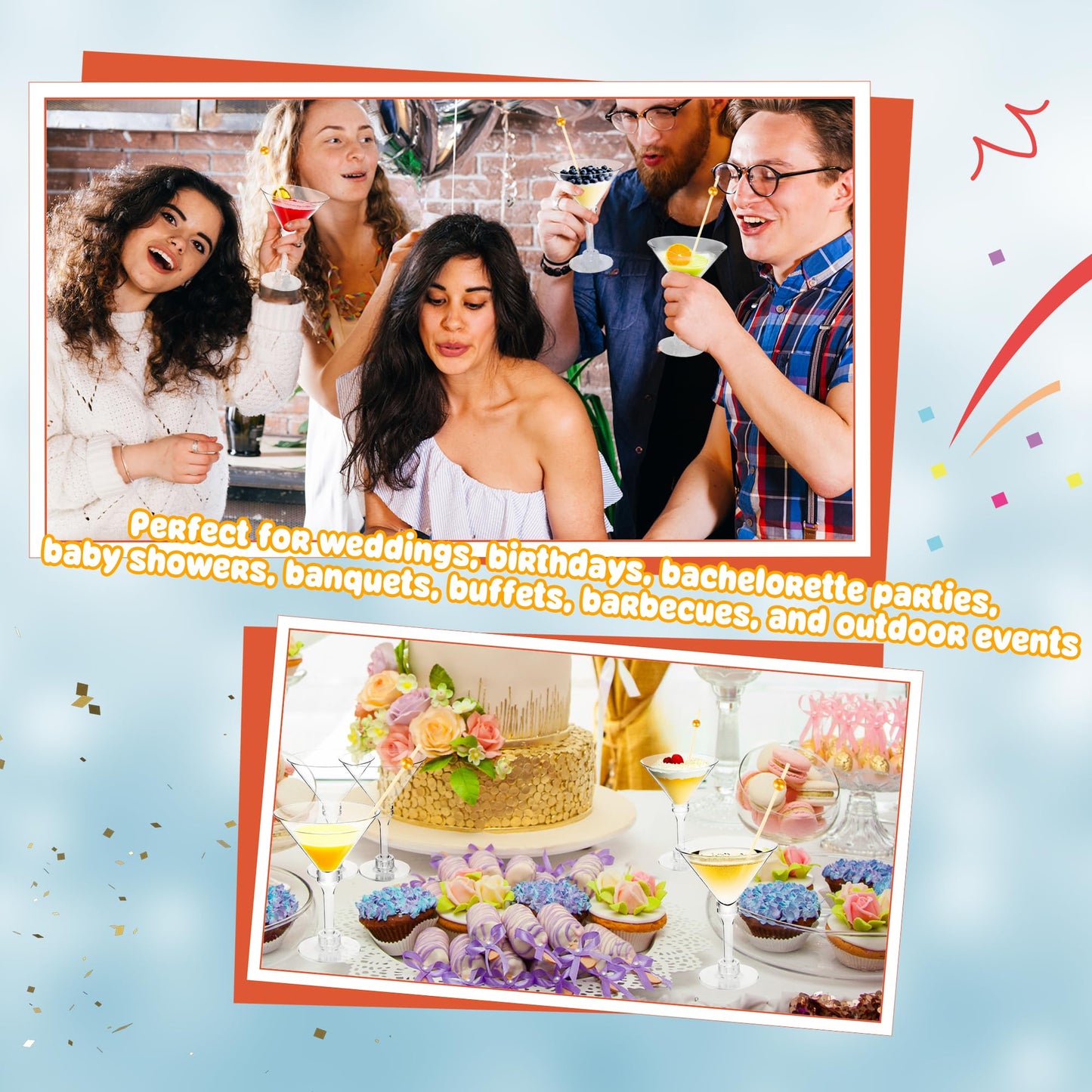 100 Pcs 5 oz Plastic Martini Glasses Set Includes 50 Pcs Tall Cocktail Glasses and 50 Pcs Short Martini Cups with 100 Pcs Cocktail Sticks for Birthday Wedding Disco Parties Wine Dessert Puddings