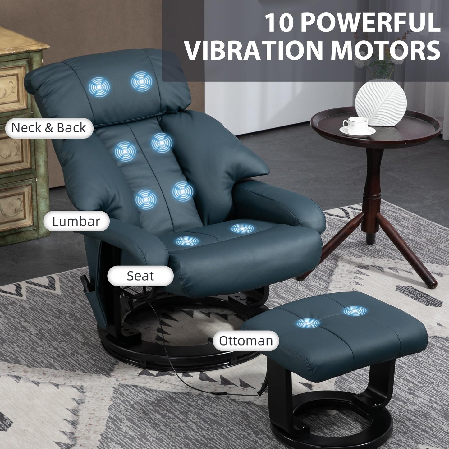 HOMCOM Massage Recliner Chair with Ottoman, 360° Swivel Recliner and Footstool, 10 Point Vibration, PU Leather Reclining Chair with Side Pocket and Remote Control, Blue