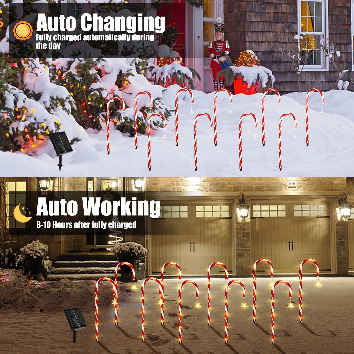 Outdoor Christmas Decorations, 10 Pcs Christmas Candy Cane Lights with Hanging Star, 21'' Solar Pathway Lights with 8 Modes, Waterproof Garden Lights for Outdoor Xmas Patio Yard Walkway Decorations