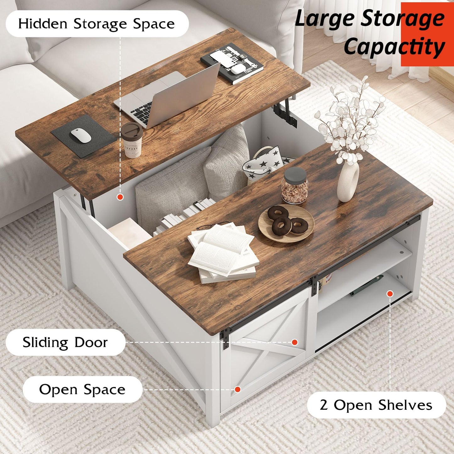 PUKAMI Lift Top Coffee Table with Storage, 31.5" Farmhouse Coffee Table for Living Room, Square Coffee Tables with Large Hidden Storage and Sliding Barn Doors, White