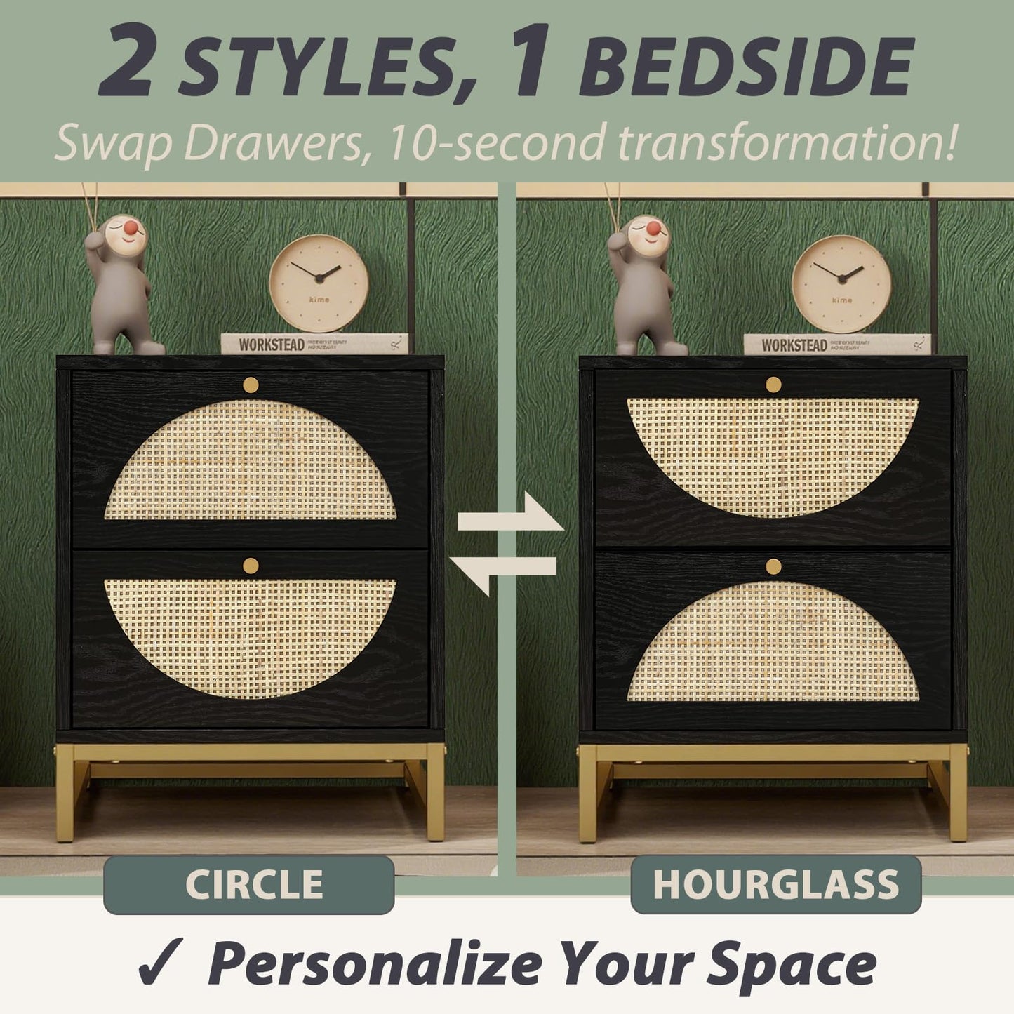 vistavie Rattan Nightstand with 2 Drawers, Wooden End Table Rattan Weaving Bedside Table Accent,Rustic Side Table Night Stand with Storage,for Living Room Bedroom (Black, Set of 1)