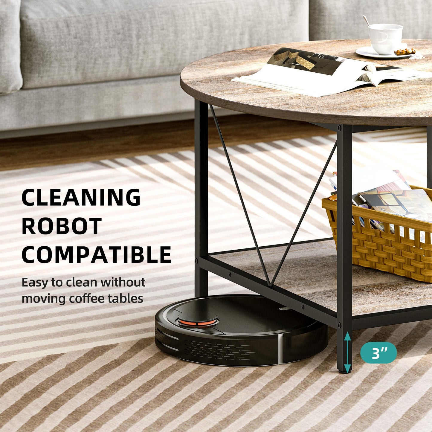 YITAHOME Round Coffee Table, Rustic Wood Coffee Tables for Living Room, Farmhouse Circle Coffee Table with 2-Tier Storage, Center Table with Sturdy Metal Legs Storage Shelf, Grey Wash