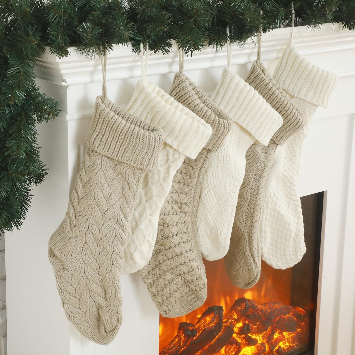 Syhood 6 Pack Cable Knit Christmas Stockings 18'' 15'' Large Knitted Stockings Ornaments Farmhouse Xmas Rustic Boho Decorations for Family Holiday Decor, 6 Styles(Khaki and Cream)