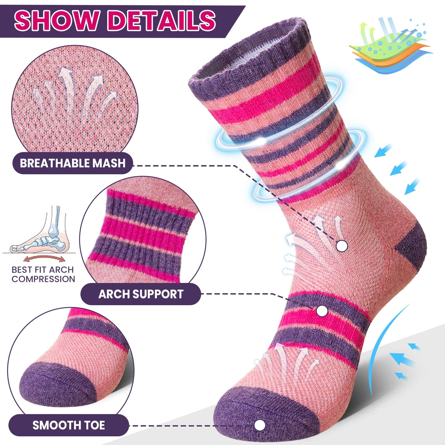 DoSmart Merino Wool Hiking Socks for Women Thermal Winter Warm Moisture Wicking Boot Work Cushion Gift Socks 5 Pairs(Stripe A,Medium)