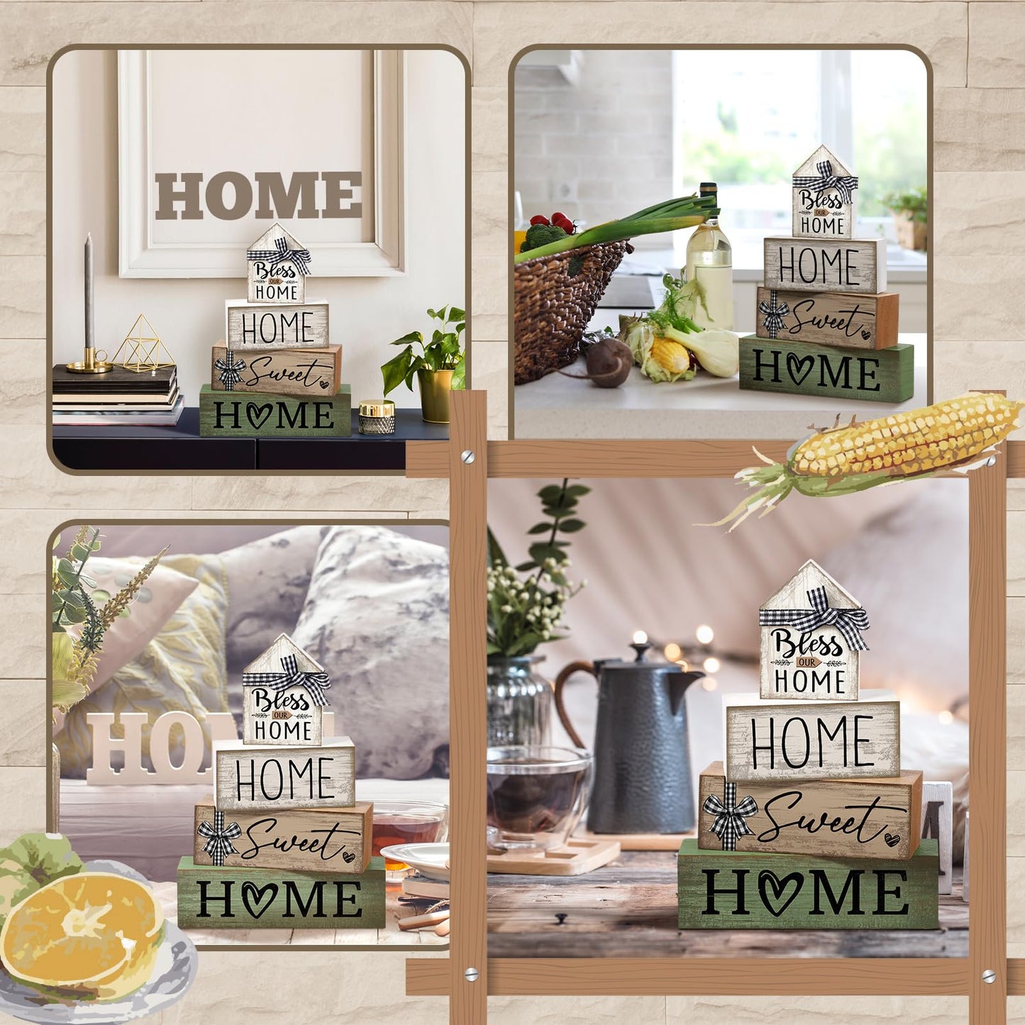 Moucuny 4 Pcs Wooden Farmhouse Tabletop Decor Rustic Home Tiered Tray Decor Decorative Highland CowEucalyptus Block Signs Gift Farmhouse Table Decoration for Kitchen Shelf(Home)