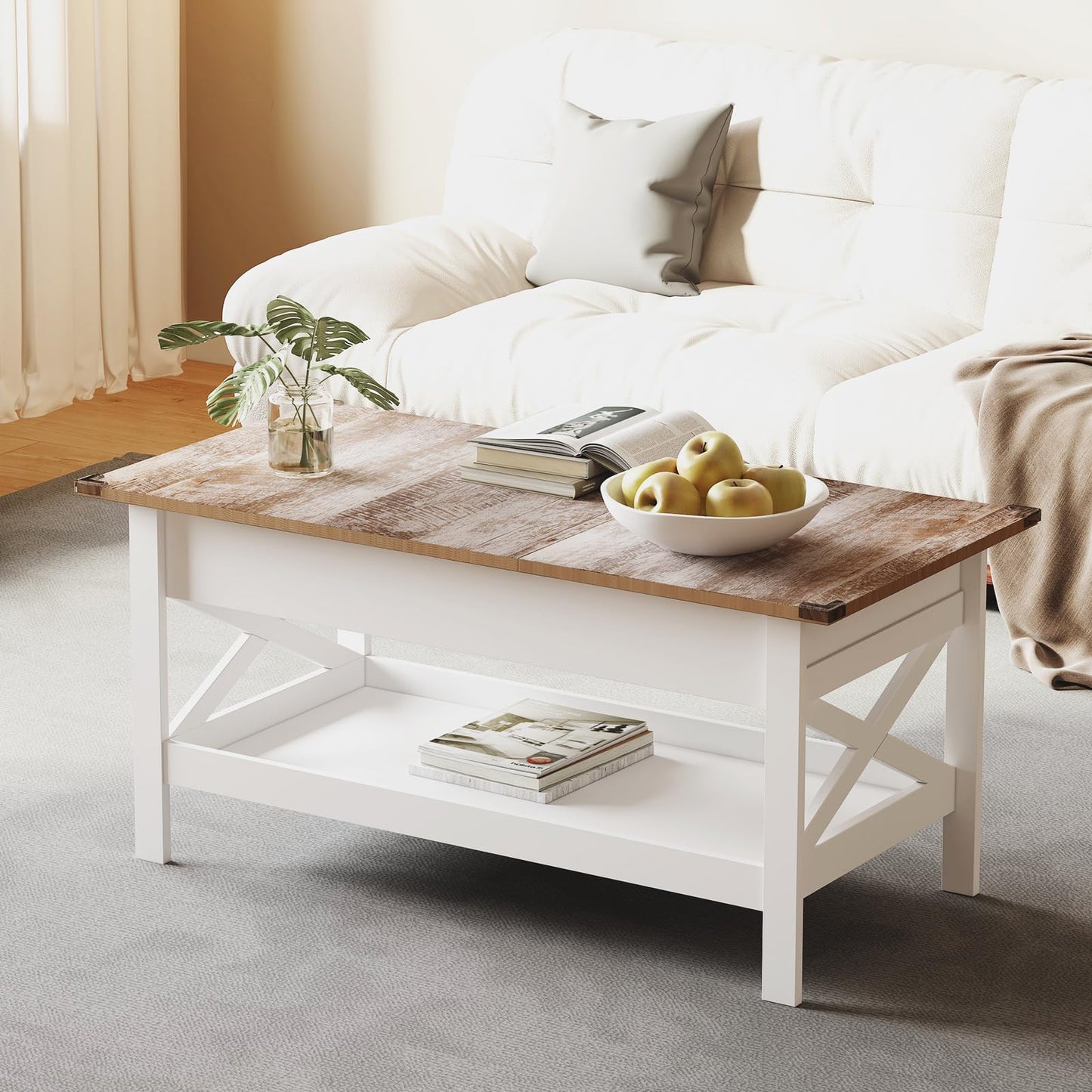 Vendricasa Lift Top Coffee Table with Storage, 39" Wooden Table for Lifting Top with Hidden Compartment, X Design Coffee Table for Living & Office & Reception Rooms, Rustic Brown