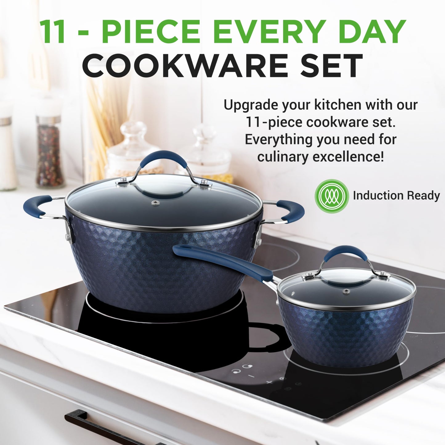 NutriChef 11 Pc Blue Diamond Nonstick Ceramic Cookware Set - Durable Pots and Pans with Cool-Touch Handles, Lids, Utensils