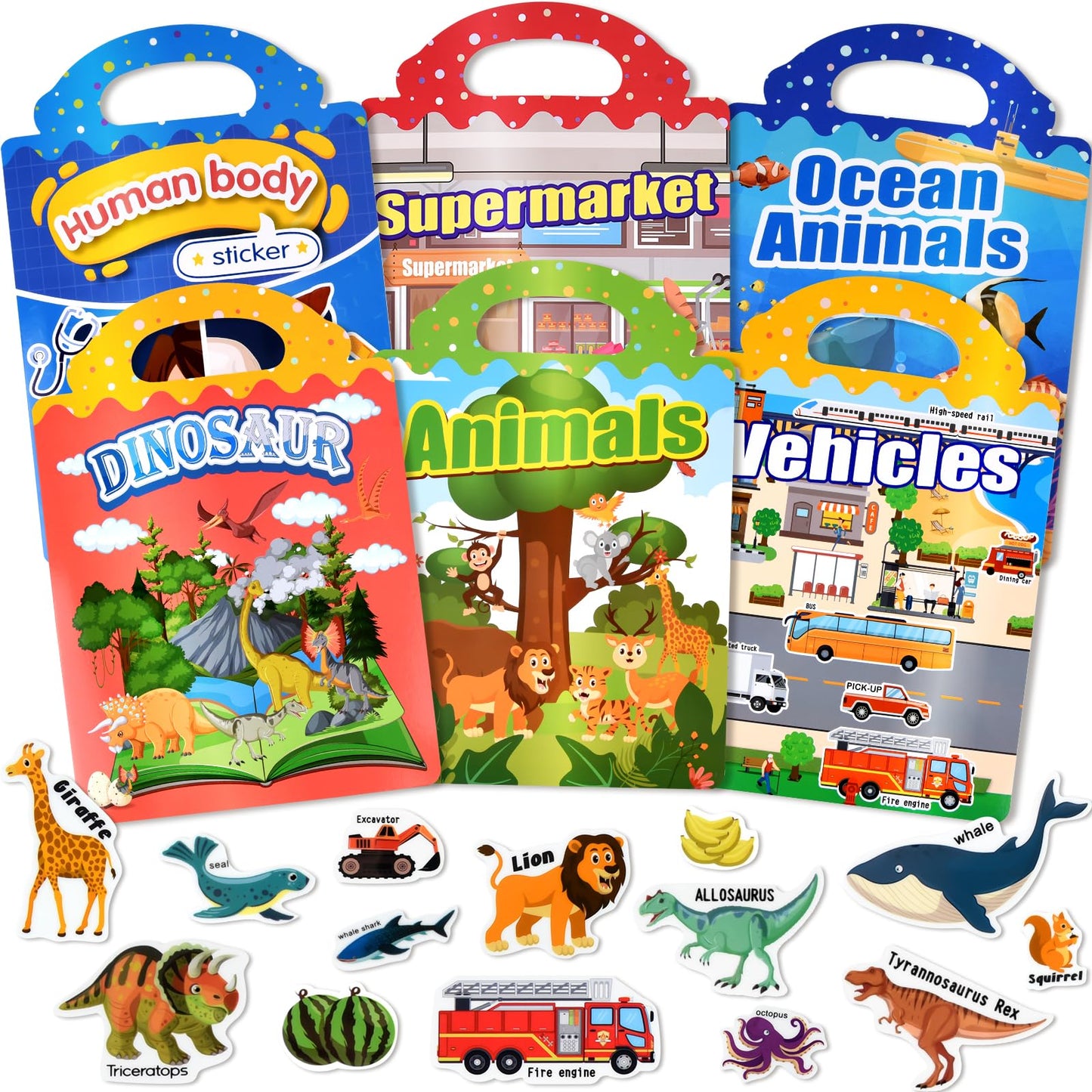 ASTARON 6 Pack Reusable Puffy Sticker Books for Kids 3-6, Jelly Sticker Game Educational Sensory Learning Toy, Portable Travel Toys and Busy Book for Toddlers