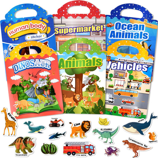 ASTARON 6 Pack Reusable Puffy Sticker Books for Kids 3-6, Jelly Sticker Game Educational Sensory Learning Toy, Portable Travel Toys and Busy Book for Toddlers