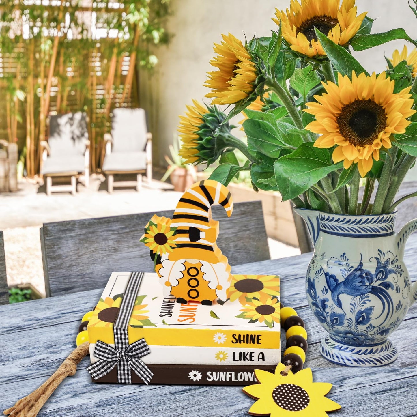 5 Pieces Sunflower Tiered Tray Decor Summer Wood Table Sign Rustic Book Stack with Gnome Wood Bead Tassels Summer Wooden Tabletop Centerpiece Shelf Decoration for Farmhouse Decor