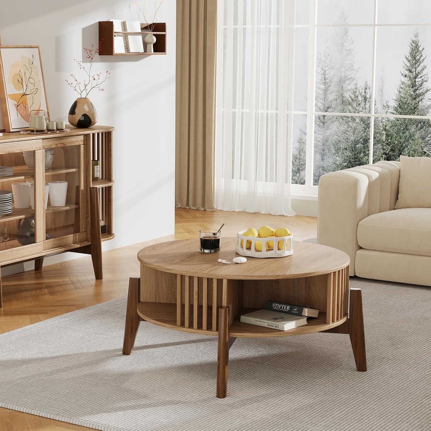 LuxenHome Round Coffee Table with Storage, 31.5" Oak Finish Wood Accent Tables with Wood Legs, Boho Center Table for Living Room, Wooden Circle Coffee Table with Open Storage for Home Office