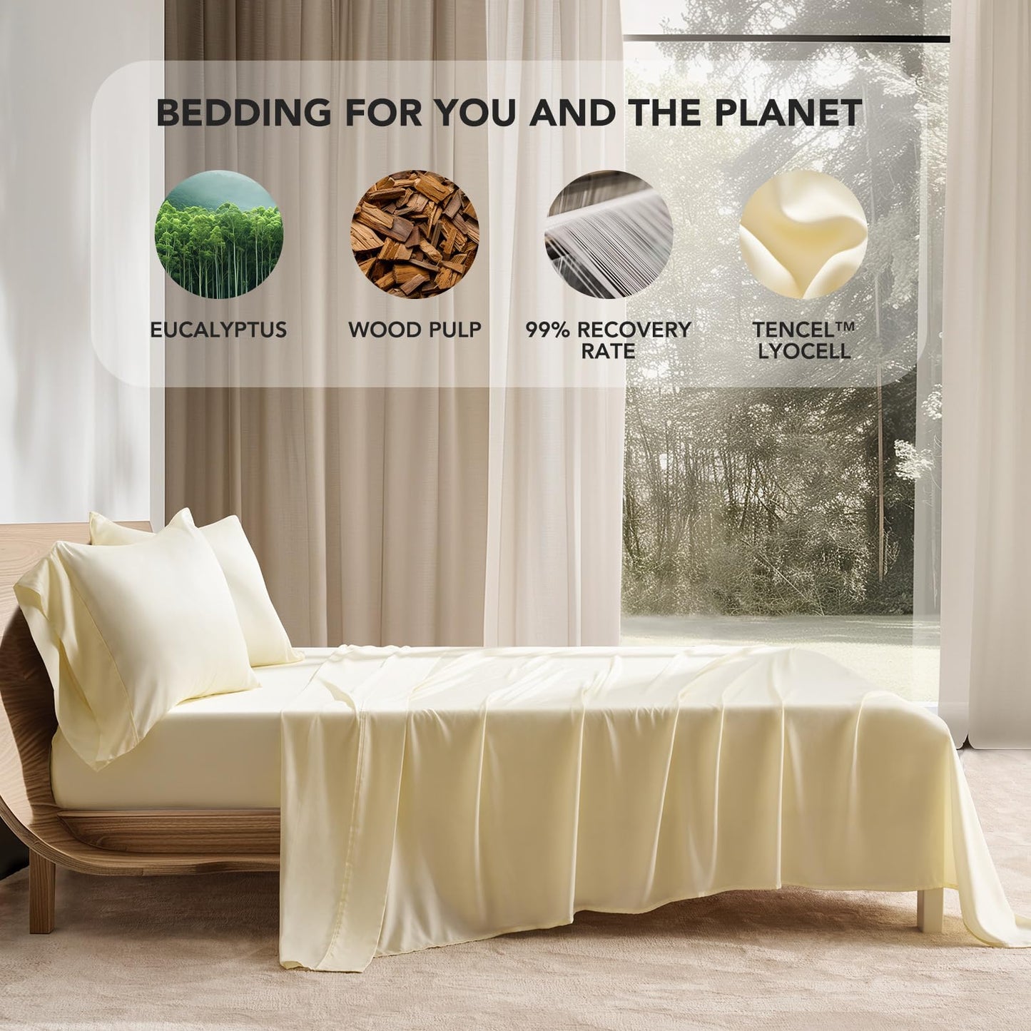 EVERGRACE Tencel Sheet Set Queen Size 4 Pieces，Soft Cooling Bed Sheets for Hot Sleepers, Eucalyptus Lyocell Luxury Breathable Bedding Set, 1 Fitted Sheet, 1 Flat Sheet, 2 Shams, Cream